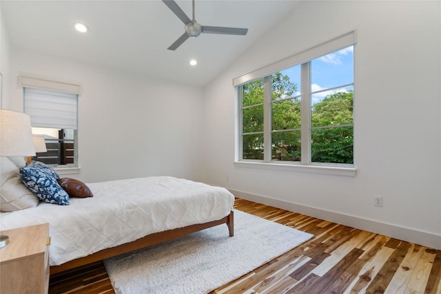 2902 Cedarview Dr, Austin, TX 78704 - bedroom featuring recessed lighting, baseboards, a ceiling fan, wood finished floors, and vaulted ceiling