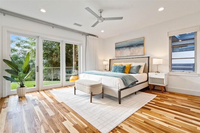 2902 Cedarview Dr, Austin, TX 78704 - bedroom featuring light wood-style floors, access to exterior, recessed lighting, baseboards, and visible vents