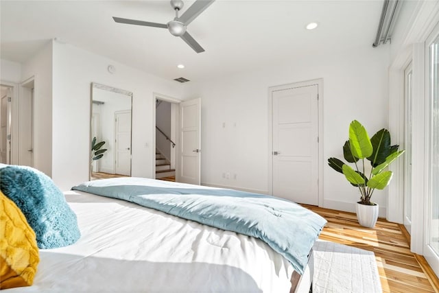 2902 Cedarview Dr, Austin, TX 78704 - bedroom featuring visible vents, recessed lighting, light wood-style floors, and ceiling fan