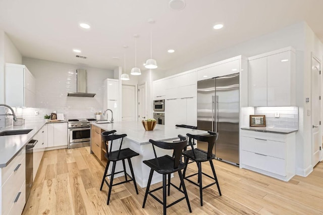kitchen featuring wall chimney range hood, high end appliances, modern cabinets, and a sink