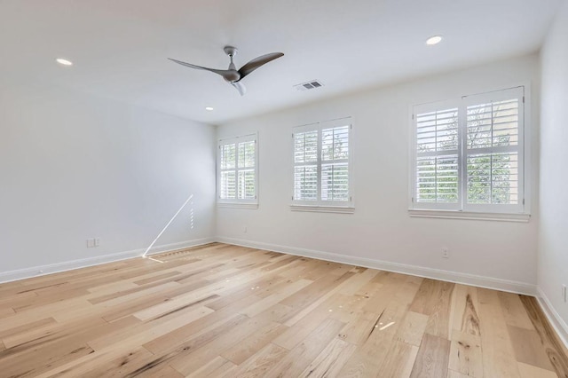unfurnished room featuring visible vents, baseboards, ceiling fan, recessed lighting, and light wood-type flooring