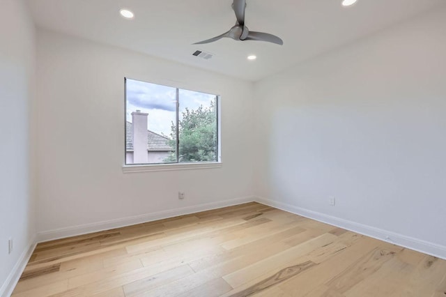 unfurnished room with recessed lighting, ceiling fan, visible vents, and light wood-style flooring