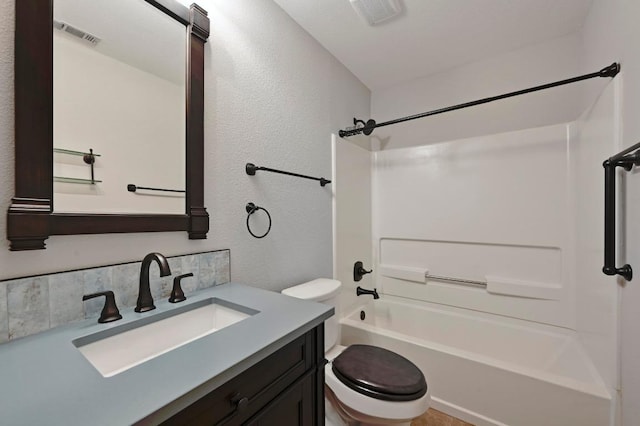 full bath featuring toilet, a textured wall, visible vents, and bathing tub / shower combination