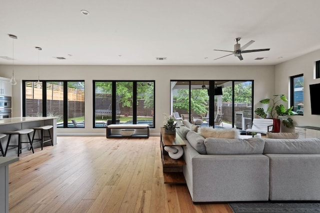 living room with a healthy amount of sunlight, a ceiling fan, light wood finished floors, and visible vents