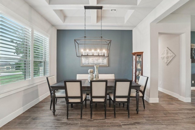 dining room featuring coffered ceiling, a notable chandelier, wood finished floors, and a wealth of natural light