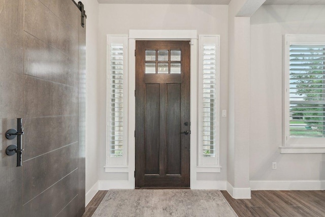 entryway with dark wood-style flooring, baseboards, a barn door, and plenty of natural light