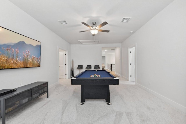 playroom with pool table, carpet flooring, and visible vents