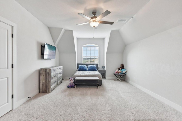 bedroom featuring visible vents, carpet floors, baseboards, a ceiling fan, and vaulted ceiling