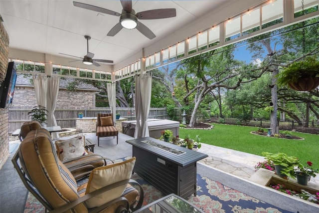 1312 Becca Teal Pl, Round Rock, TX 78681 - view of patio / terrace with a hot tub, a ceiling fan, and outdoor lounge area
