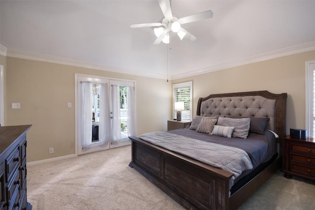 1312 Becca Teal Pl, Round Rock, TX 78681 - bedroom with access to outside, light colored carpet, ornamental molding, lofted ceiling, and a ceiling fan