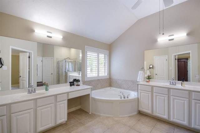 1312 Becca Teal Pl, Round Rock, TX 78681 - full bathroom with vaulted ceiling, a stall shower, a bath, tile patterned floors, and two vanities