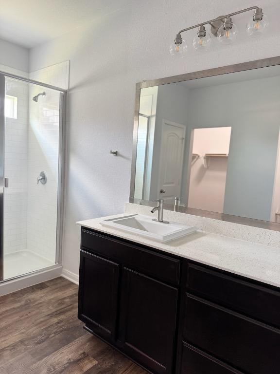 1045 Gaelic Dr, Georgetown, TX 78626 - bathroom with a stall shower, wood finished floors, and vanity