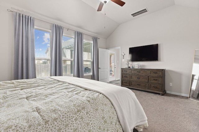 bedroom with a ceiling fan, light colored carpet, visible vents, vaulted ceiling, and baseboards