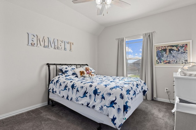 bedroom featuring carpet flooring, ceiling fan, vaulted ceiling, and baseboards