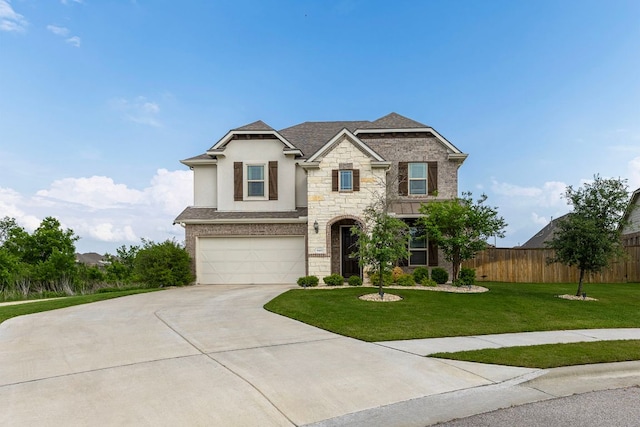 traditional home with fence, stone siding, a garage, stucco siding, and concrete driveway