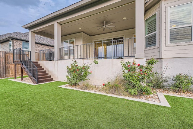 6914 Halesboro Dr, Austin, TX 78736 - exterior space featuring a lawn, a ceiling fan, covered porch, and fence