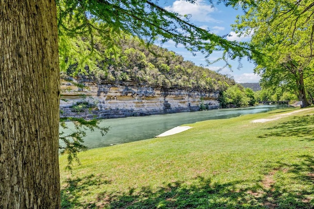 surrounding community featuring a lawn and a water view