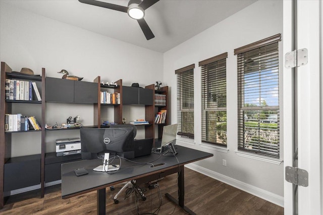 office space with baseboards, a ceiling fan, and dark wood finished floors
