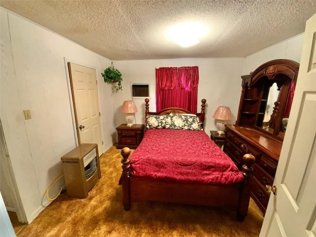 carpeted bedroom with a textured ceiling