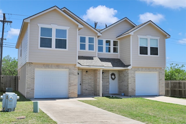 view of front of house featuring concrete driveway, brick siding, an attached garage, and fence