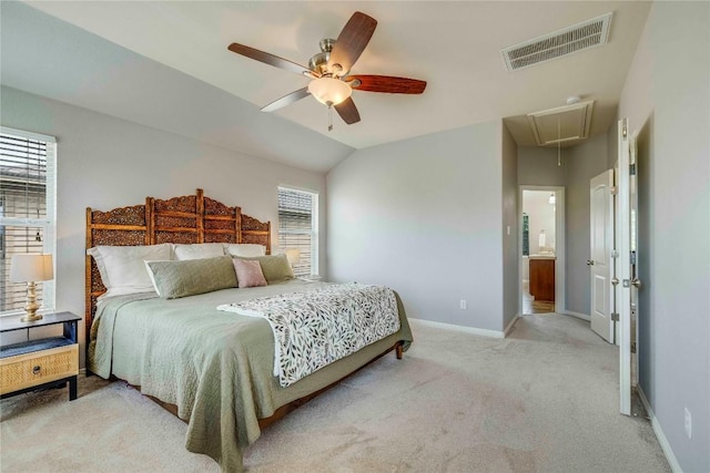 bedroom with visible vents, attic access, carpet floors, and multiple windows