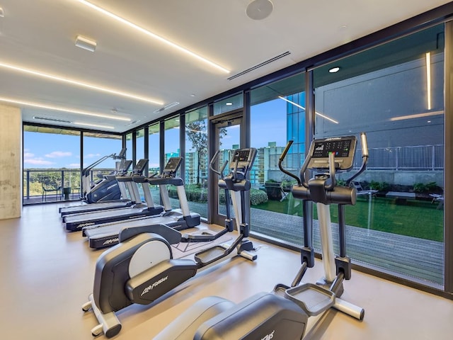 workout area featuring a wall of windows and visible vents