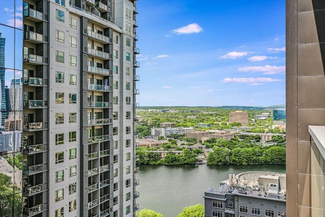 view of water feature with a city view