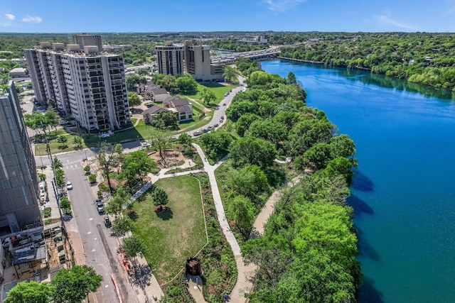 drone / aerial view with a water view