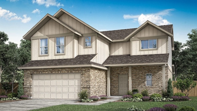 view of front of property with an attached garage, fence, brick siding, and concrete driveway