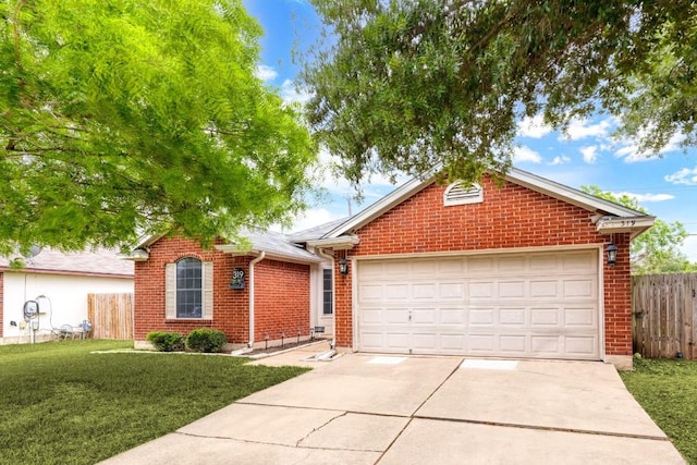 single story home featuring a garage, brick siding, fence, a front lawn, and concrete driveway