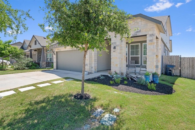 view of front of house with an attached garage, covered porch, stone siding, and concrete driveway