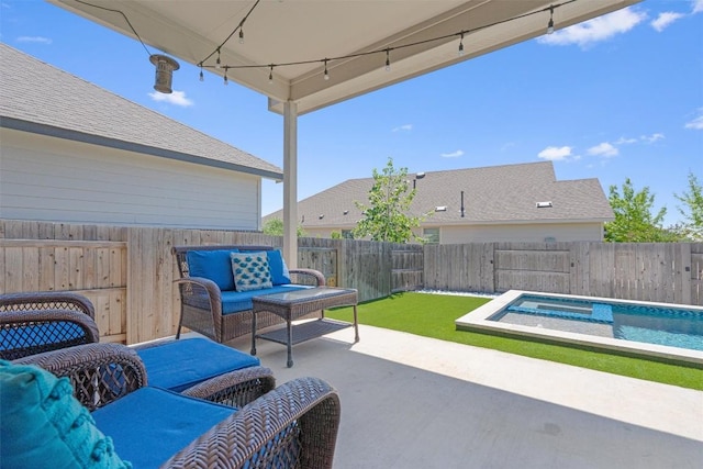 225 Palio Pl, Georgetown, TX 78628 - fenced backyard with a patio area, an outdoor hangout area, and a pool with connected hot tub