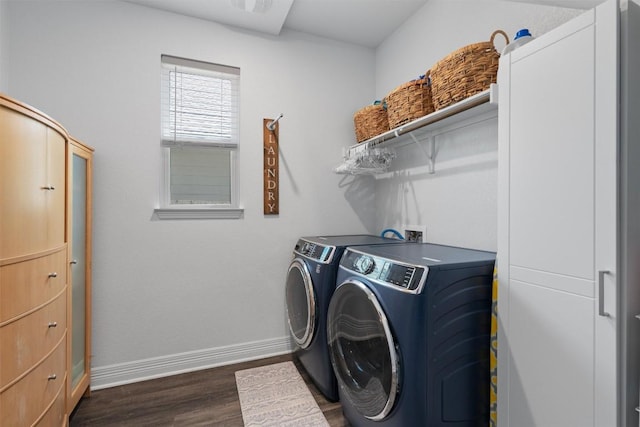 225 Palio Pl, Georgetown, TX 78628 - laundry room featuring washer and clothes dryer, dark wood finished floors, and baseboards