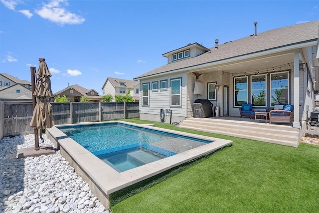 225 Palio Pl, Georgetown, TX 78628 - view of swimming pool with an outdoor hangout area, an in-ground hot tub, and a patio