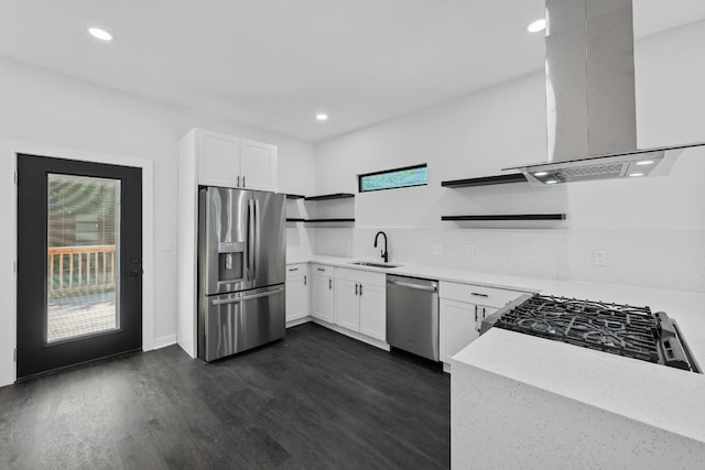 kitchen featuring open shelves, appliances with stainless steel finishes, a sink, a wealth of natural light, and island range hood
