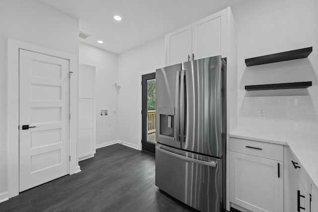 914 E 50th St, Austin, TX 78751 - kitchen with stainless steel refrigerator with ice dispenser, white cabinets, dark wood-style floors, open shelves, and recessed lighting