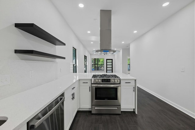 kitchen featuring island range hood, appliances with stainless steel finishes, open shelves, a peninsula, and dark wood-style floors
