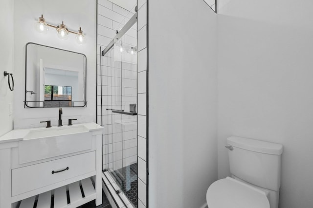full bathroom featuring vanity, toilet, and a shower stall