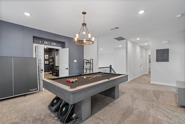 rec room featuring visible vents, carpet floors, pool table, and an inviting chandelier