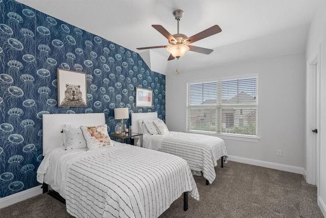 bedroom with baseboards, carpet flooring, ceiling fan, and wallpapered walls