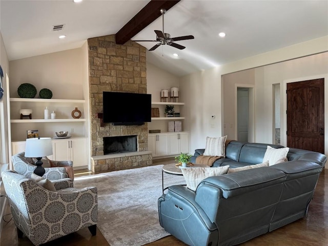 100 Red Barn Rd, Kingsland, TX 78639 - living room featuring a ceiling fan, built in features, and a stone fireplace