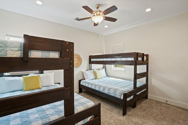 100 Red Barn Rd, Kingsland, TX 78639 - bedroom featuring carpet floors, baseboards, recessed lighting, and a ceiling fan