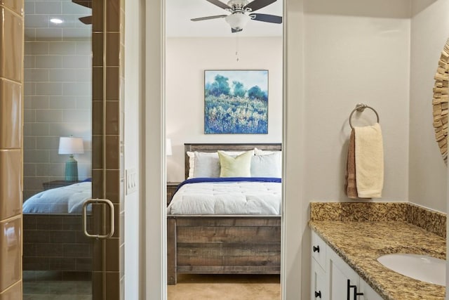 100 Red Barn Rd, Kingsland, TX 78639 - bathroom with ensuite bathroom, a shower stall, vanity, and a ceiling fan