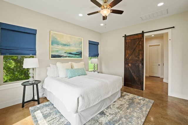 100 Red Barn Rd, Kingsland, TX 78639 - bedroom featuring a barn door, concrete floors, baseboards, recessed lighting, and a ceiling fan