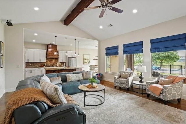 100 Red Barn Rd, Kingsland, TX 78639 - living area featuring recessed lighting, beamed ceiling, ceiling fan, baseboards, and dark wood finished floors