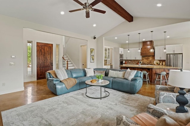 100 Red Barn Rd, Kingsland, TX 78639 - living room with recessed lighting, a ceiling fan, stairs, baseboards, and finished concrete floors