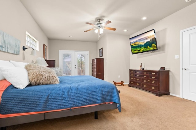 bedroom featuring french doors, carpet flooring, baseboards, and access to exterior