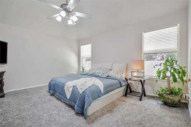 bedroom featuring carpet floors, baseboards, and ceiling fan