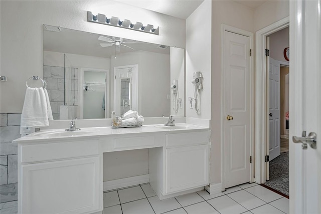 607 Columbine Ave, Cedar Park, TX 78613 - full bath with a ceiling fan, double vanity, a closet, and tile patterned floors