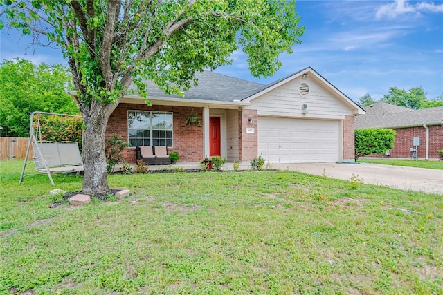 ranch-style house featuring a front lawn, fence, brick siding, an attached garage, and driveway